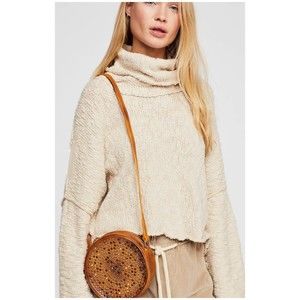 FREE PEOPLE Beige Turtleneck Oversized Knit Sweater